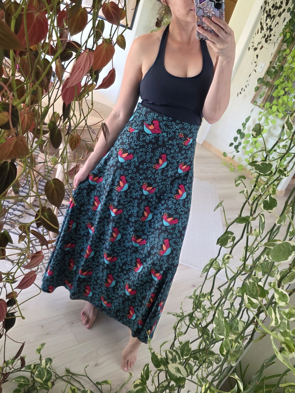 LuLaRoe XS Maxi Skirt with Teal & Pink Bird Print